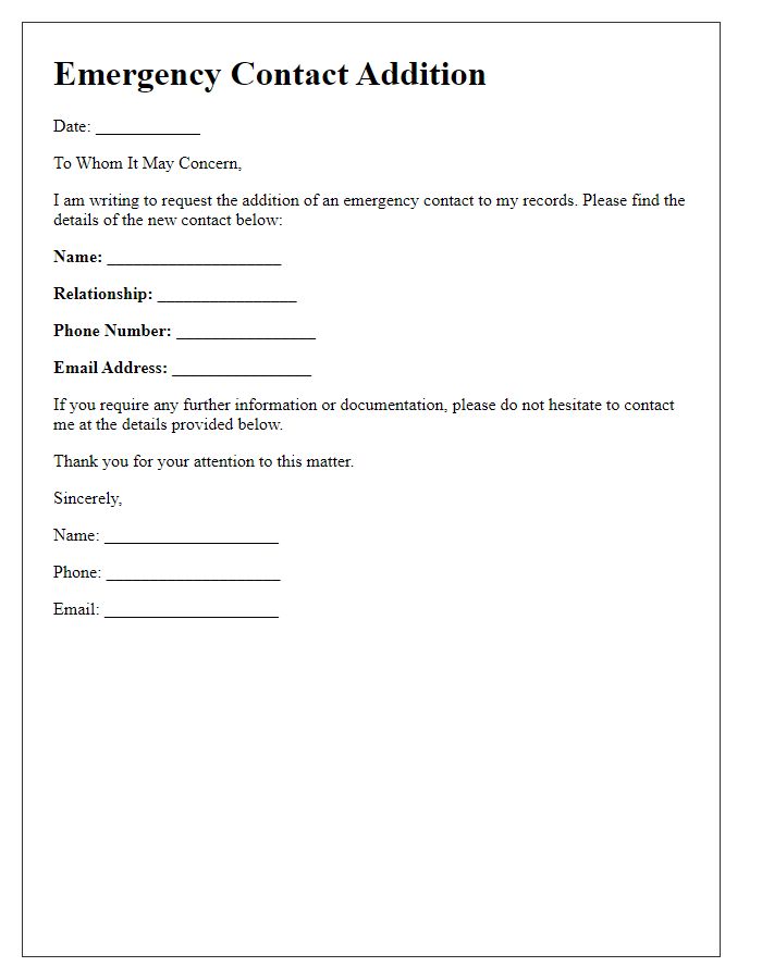 Letter template of emergency contact addition