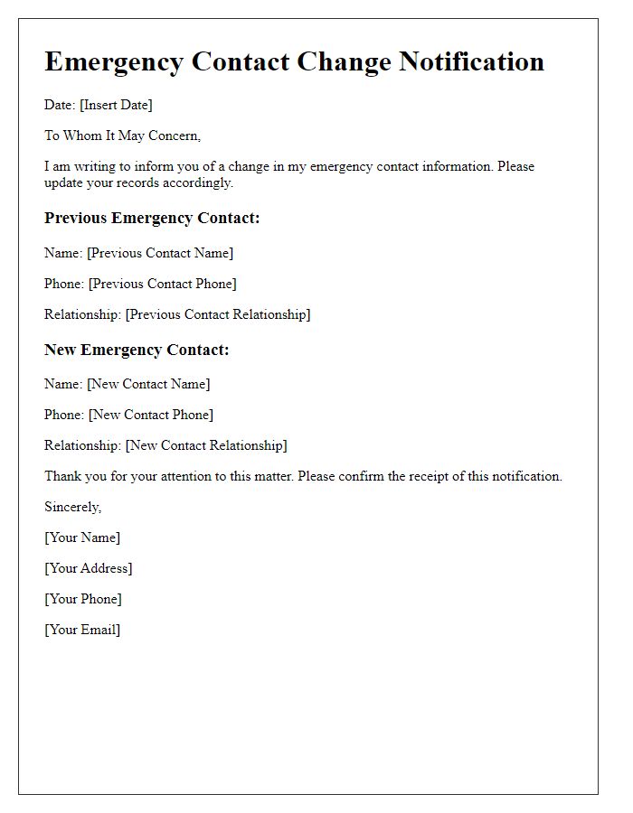 Letter template of emergency contact changes