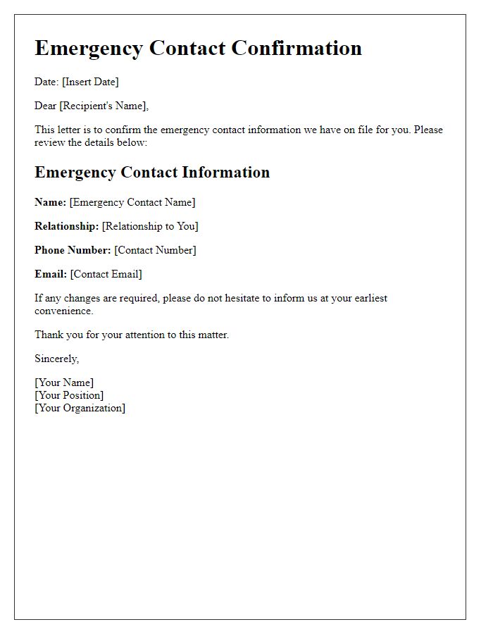 Letter template of emergency contact confirmation