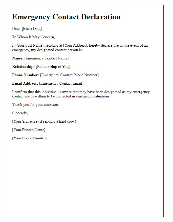 Letter template of emergency contact declaration