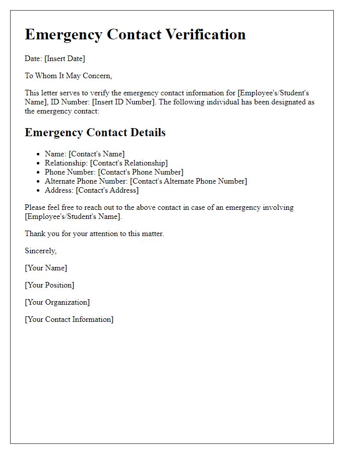 Letter template of emergency contact verification