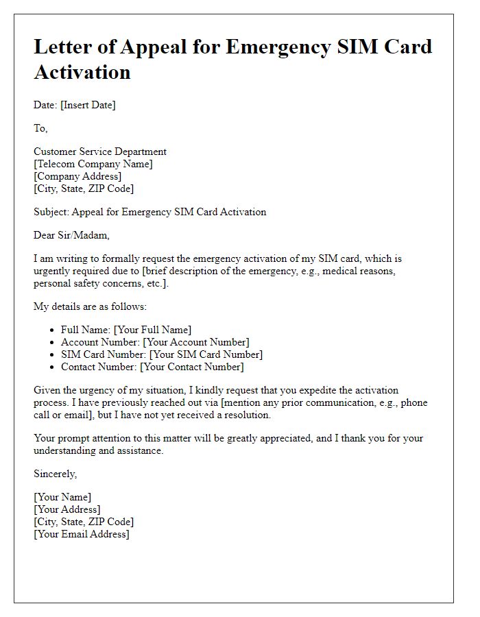 Letter template of appeal for emergency SIM card activation