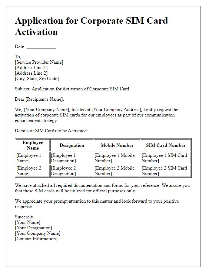 Letter template of application for corporate SIM card activation