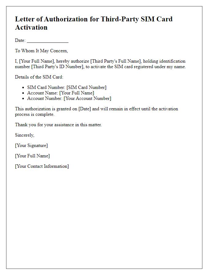 Letter template of authorization for third-party SIM card activation