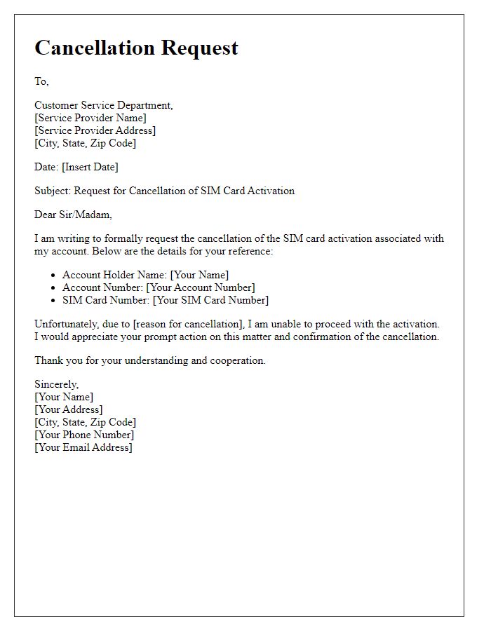 Letter template of cancellation request for SIM card activation