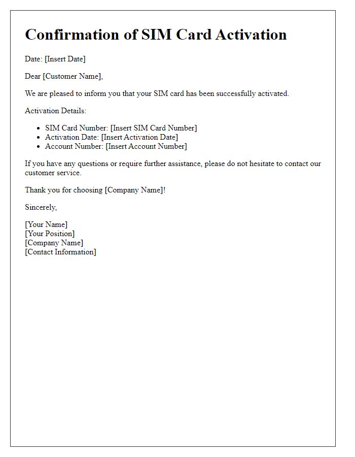 Letter template of confirmation for SIM card activation completion