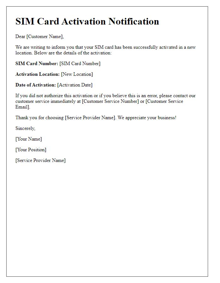 Letter template of notification for SIM card activation in a new location
