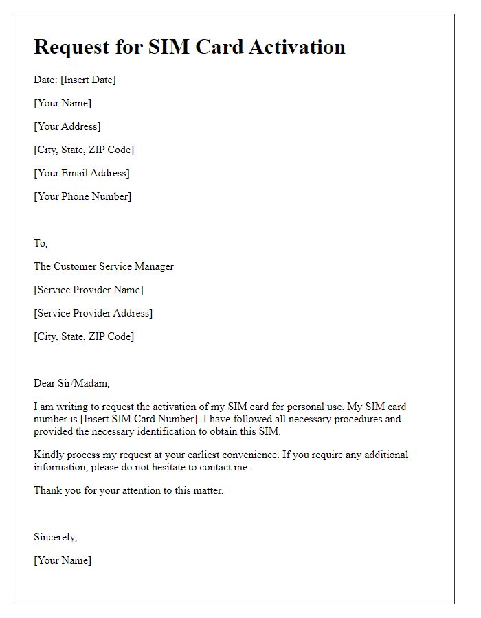 Letter template of request for SIM card activation for personal use