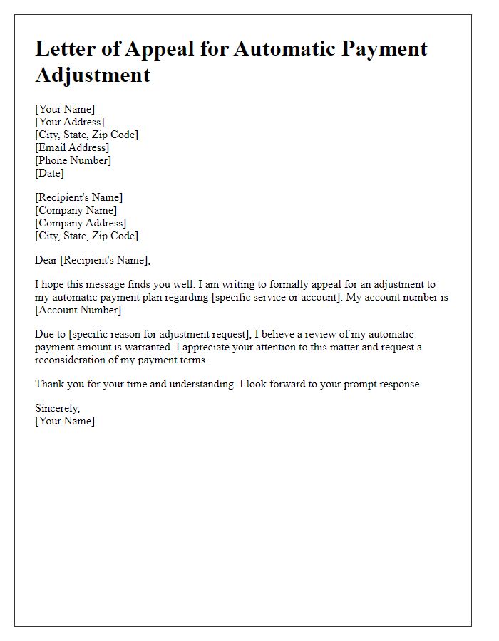 Letter template of appeal for automatic payment adjustment