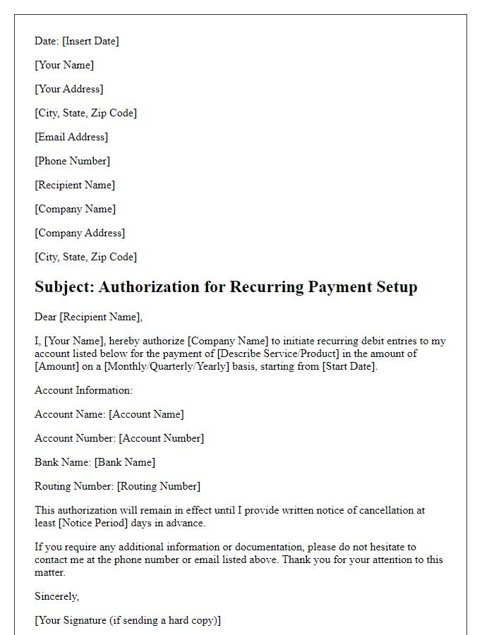 Letter template of authorization for recurring payment setup