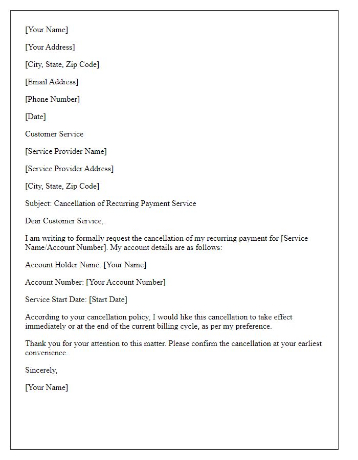 Letter template of cancellation for recurring payment service