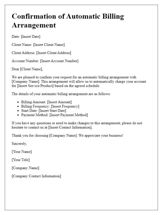 Letter template of confirmation for automatic billing arrangement