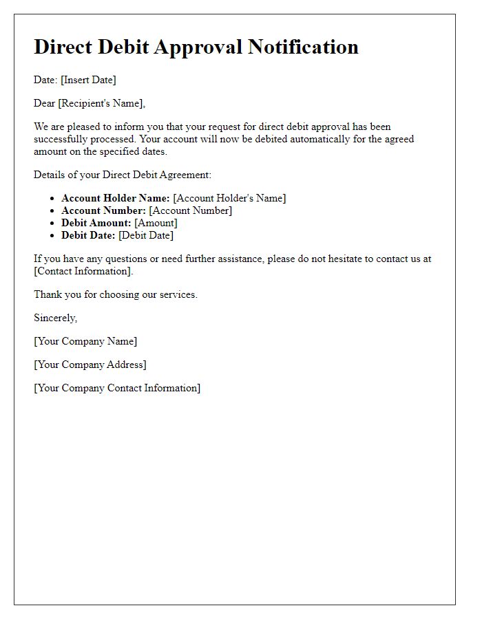 Letter template of notification for direct debit approval