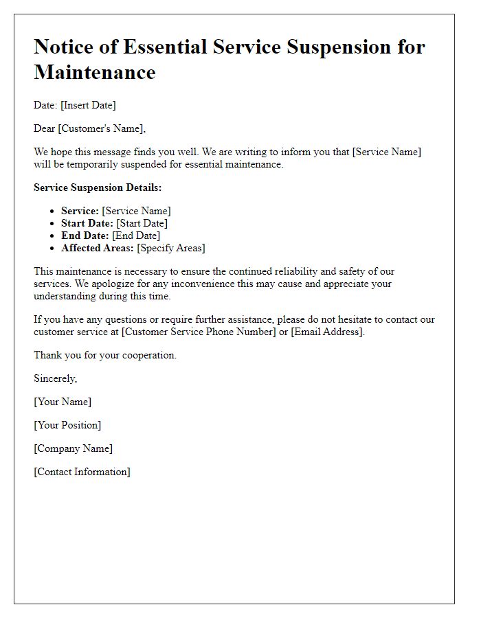 Letter template of essential service suspension for maintenance