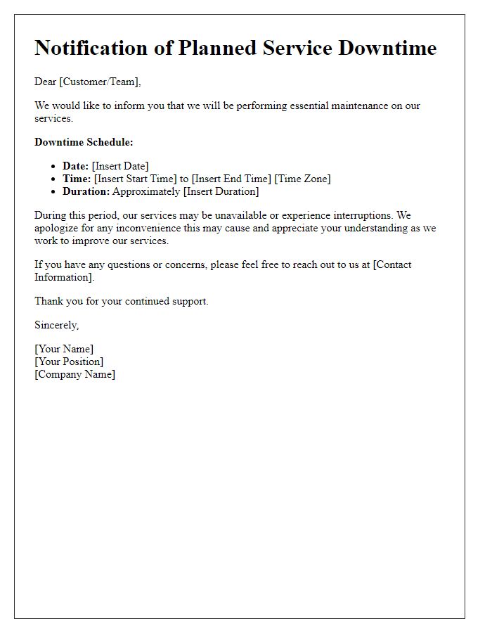 Letter template of notification for planned service downtime