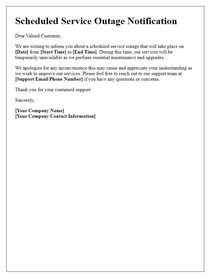 Letter template of scheduled service outage communication