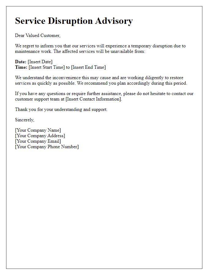 Letter template of service disruption advisory for customers