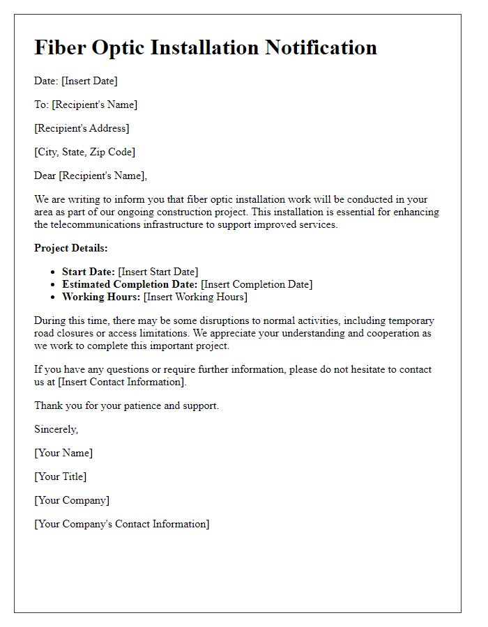 Letter template of fiber optic installation notification for construction projects.