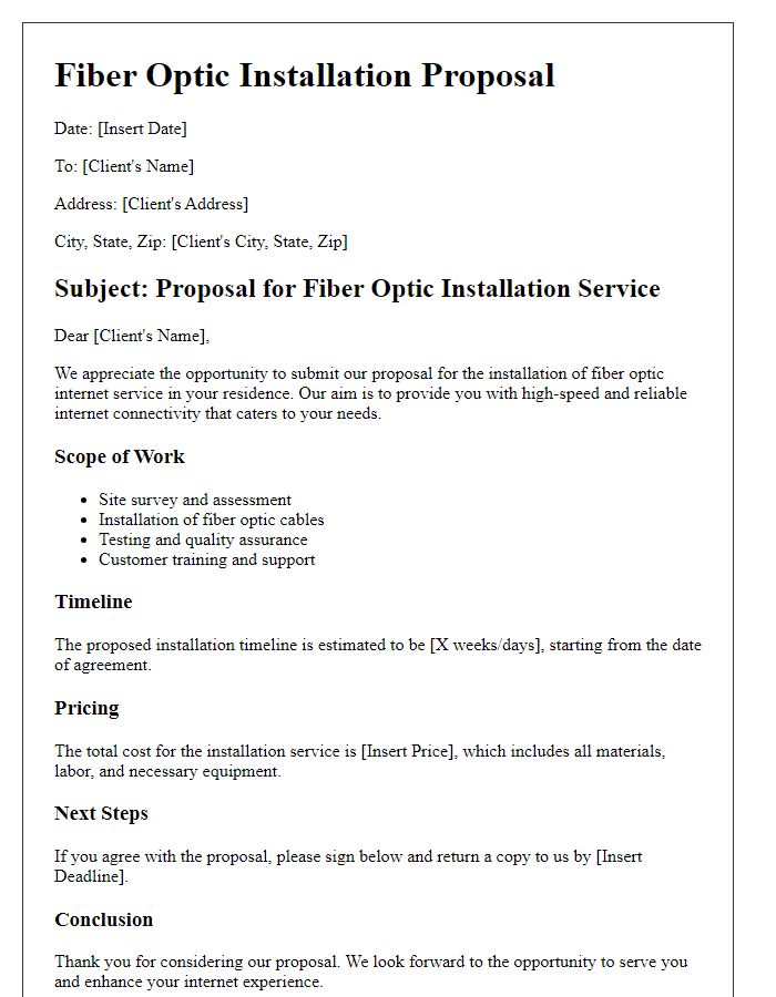 Letter template of fiber optic installation proposal for residential service.