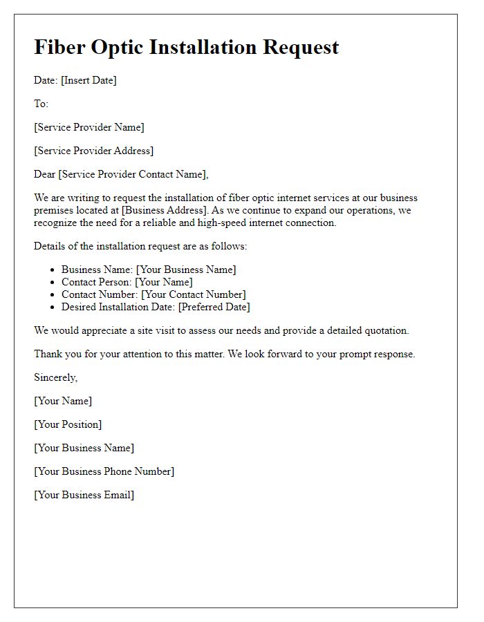 Letter template of fiber optic installation request for business premises.