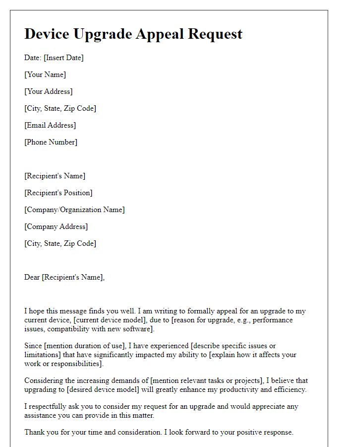 Letter template of device upgrade appeal request
