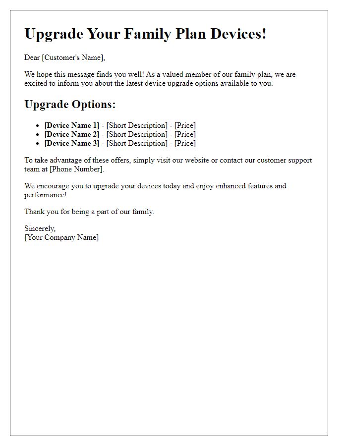 Letter template of device upgrade options for family plans