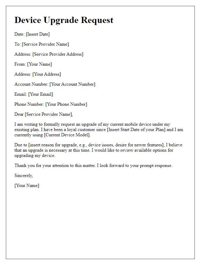 Letter template of device upgrade request for current plan holders