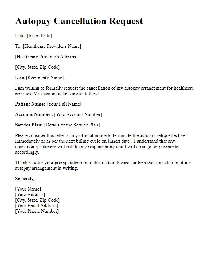Letter template of autopay cancellation for healthcare services