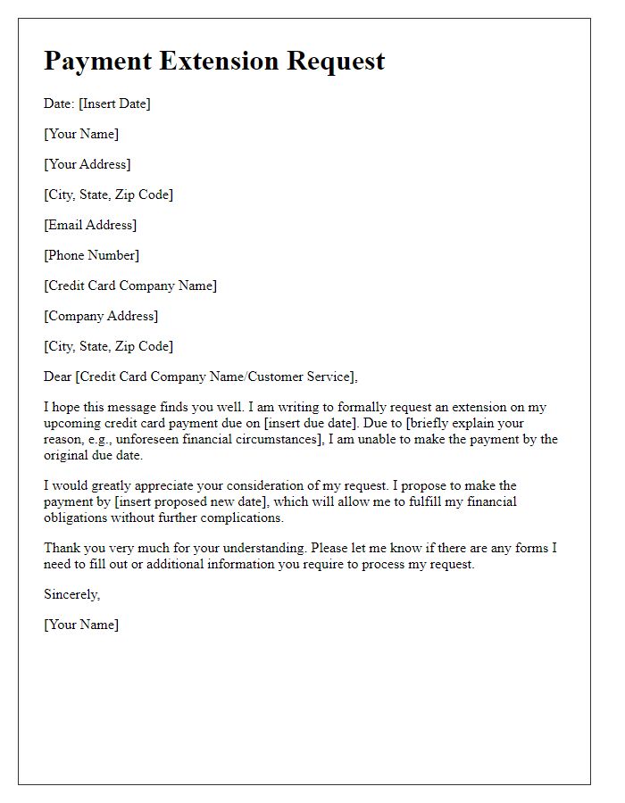 Letter template of Payment Extension Request for Credit Card Payment