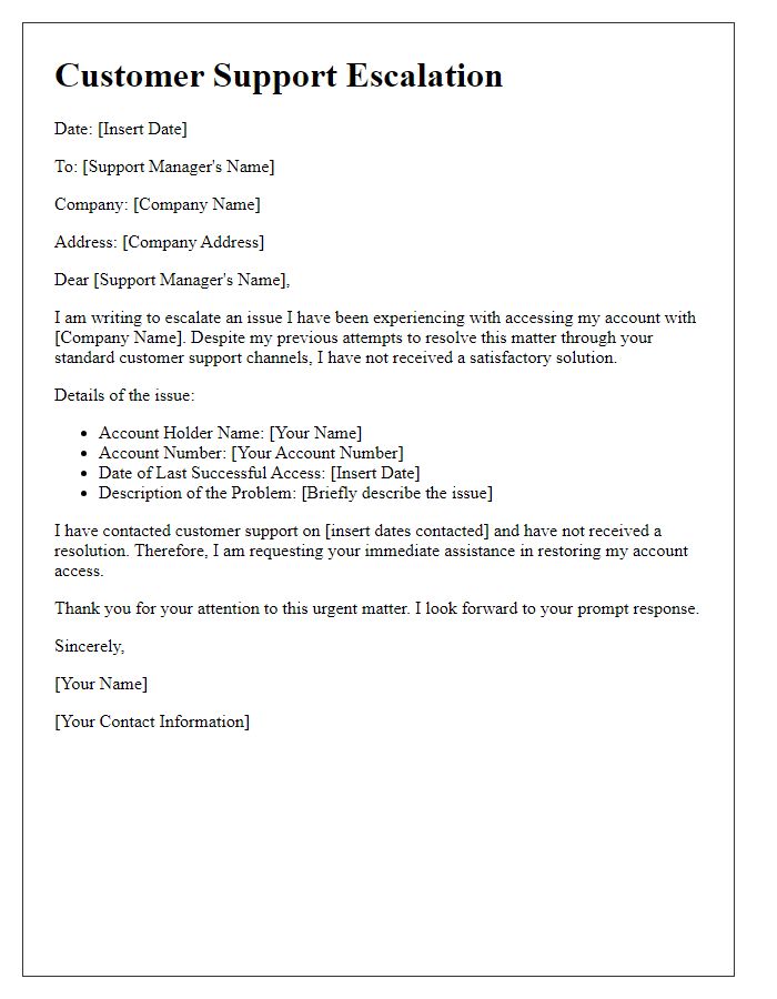 Letter template of customer support escalation for account access problems