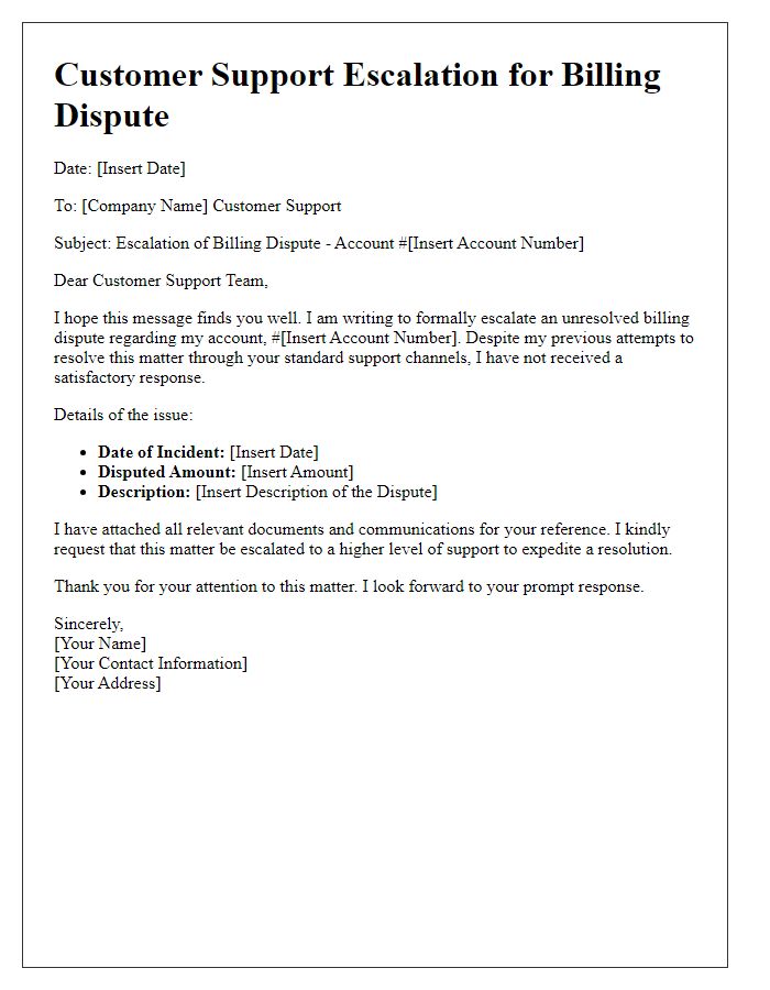 Letter template of customer support escalation for billing disputes