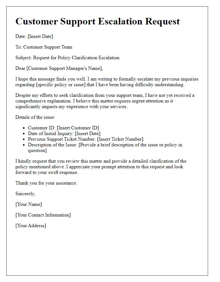 Letter template of customer support escalation for policy clarification