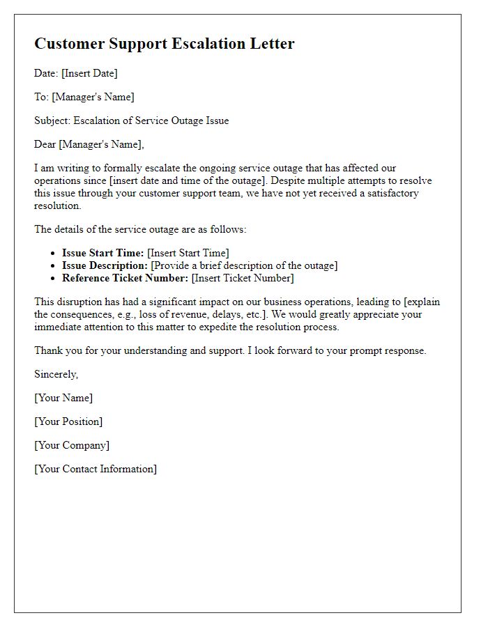 Letter template of customer support escalation for service outage