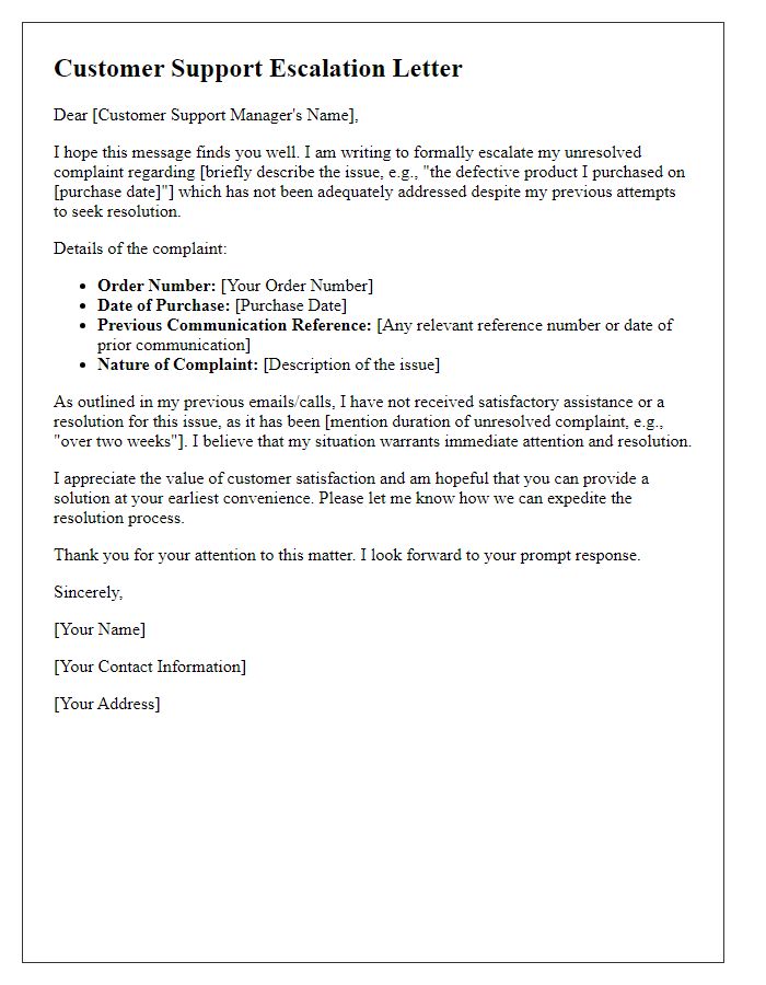 Letter template of customer support escalation for unresolved complaints