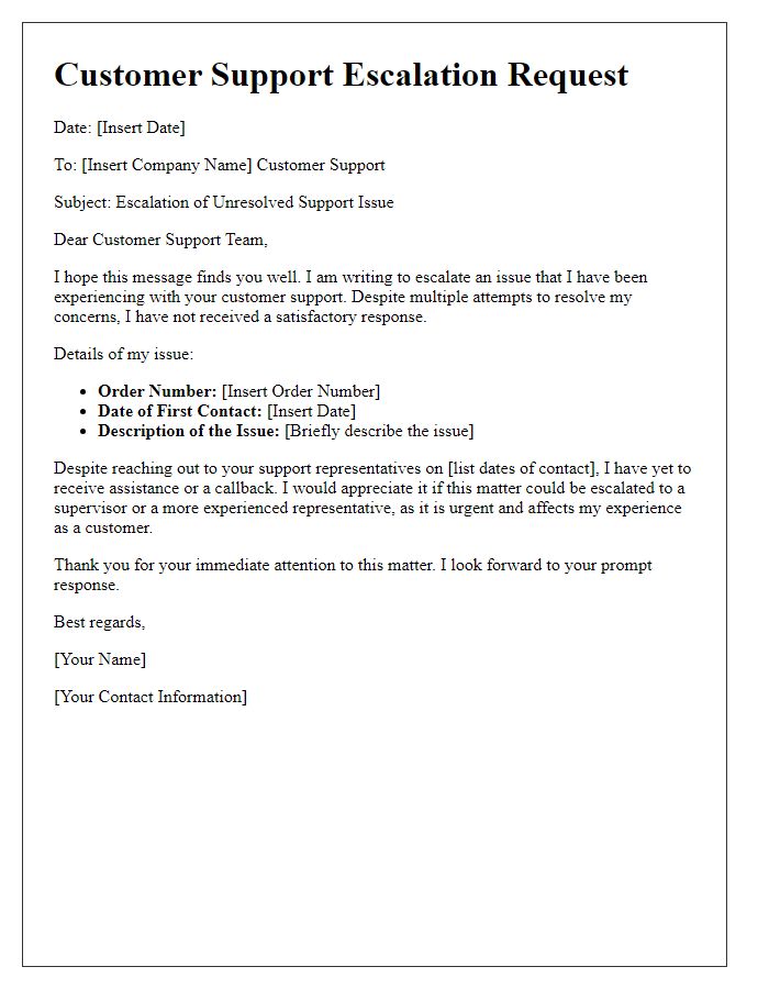 Letter template of customer support escalation for unresponsive representatives