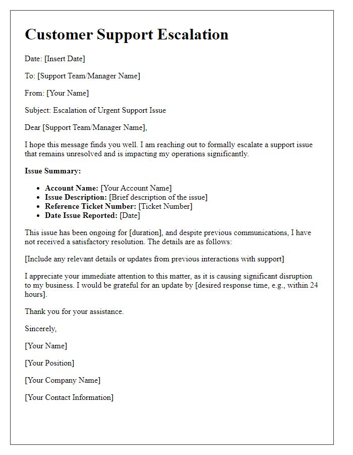 Letter template of customer support escalation for urgent issues