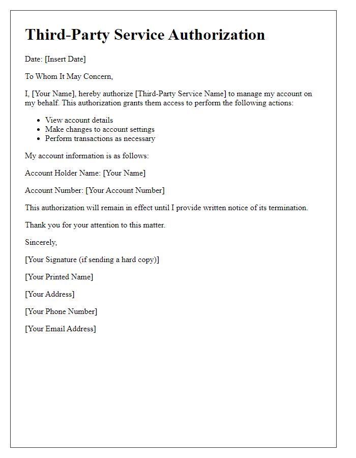 Letter template of third-party service authorization for account management.