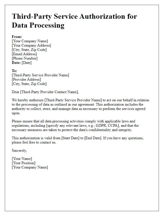 Letter template of third-party service authorization for data processing services.