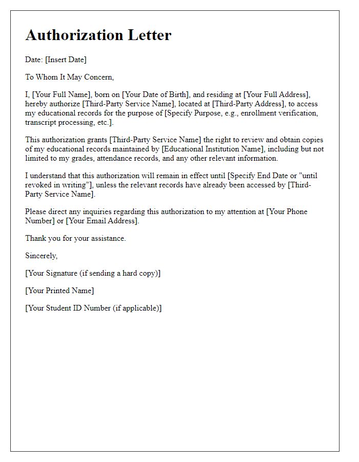 Letter template of third-party service authorization for educational records access.