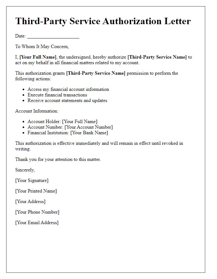 Letter template of third-party service authorization for financial transactions.