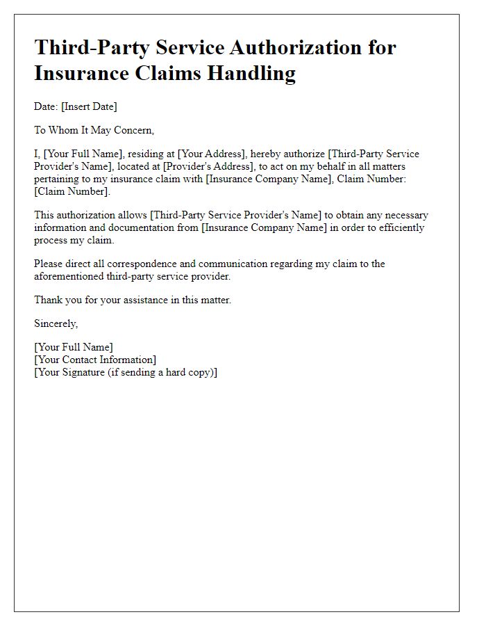 Letter template of third-party service authorization for insurance claims handling.