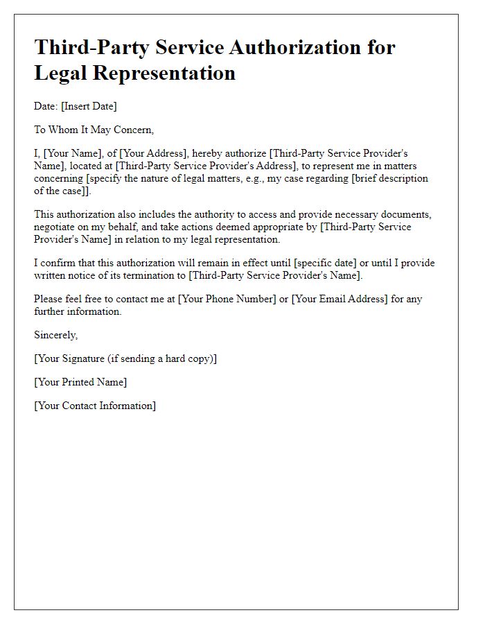 Letter template of third-party service authorization for legal representation.