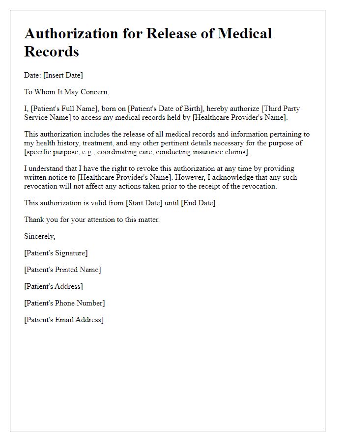 Letter template of third-party service authorization for medical records access.