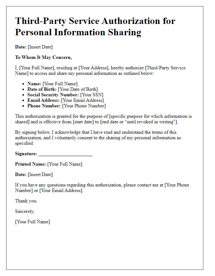 Letter template of third-party service authorization for personal information sharing.