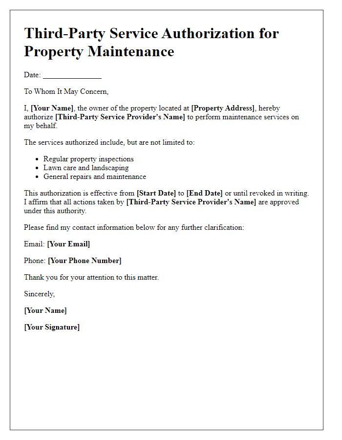 Letter template of third-party service authorization for property maintenance.