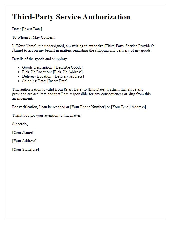 Letter template of third-party service authorization for shipping and delivery services.