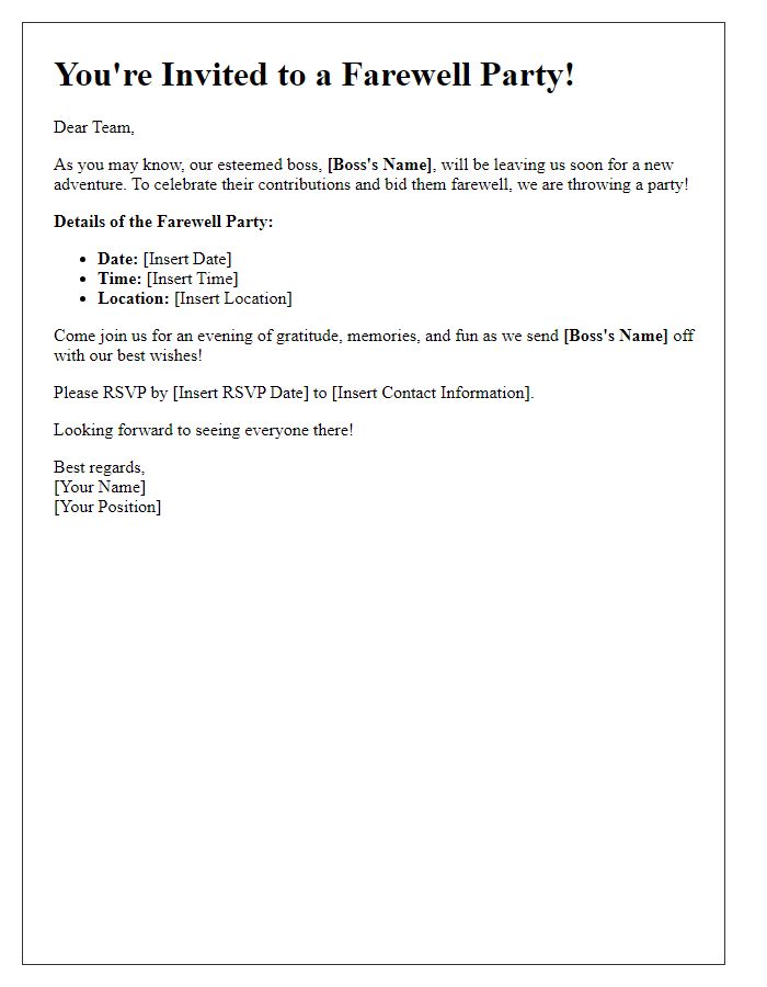 Letter template of a farewell party invitation for a boss or supervisor