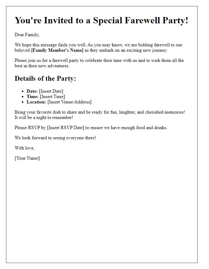 Letter template of a farewell party invitation for a family member