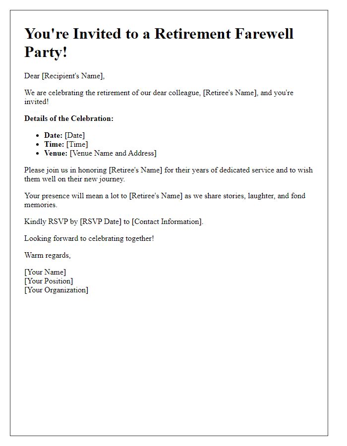 Letter template of a farewell party invitation for a retirement celebration