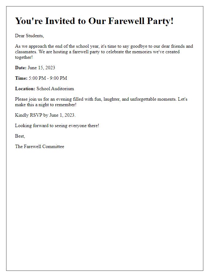 Letter template of a farewell party invitation for students